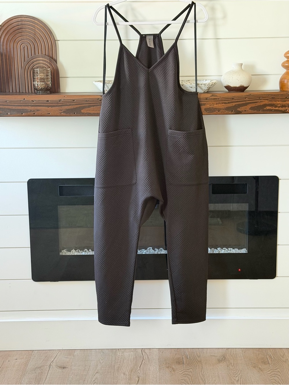 Black Textured V-Neck Jumpsuit with Front Pockets